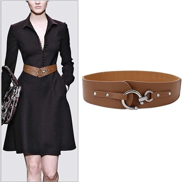 Wide Brown Leather Belt Hook Buckle Wide Belt - Picture 1 of 8